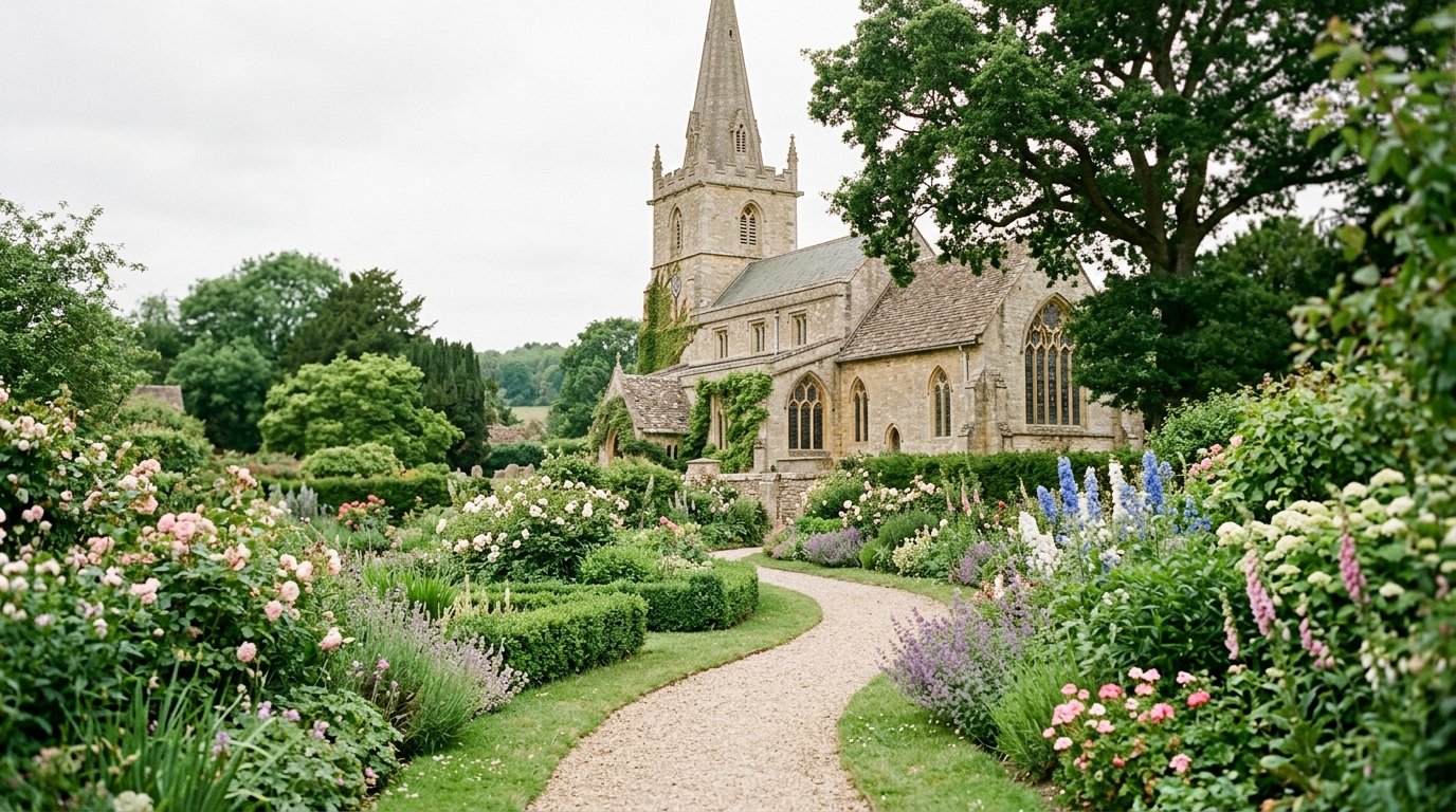 All Saints Kemble: The Royal Wedding Venue Guide — Where Kemble sits in the Cotswolds, editorial photography for Weddings Hub