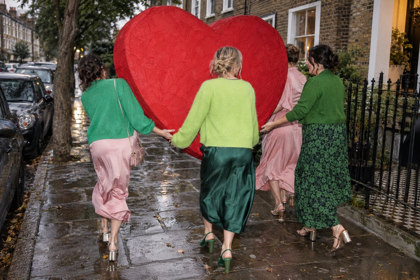 Source-grounded editorial illustration of attendants in green and pink carrying a large red heart along a wet London street
