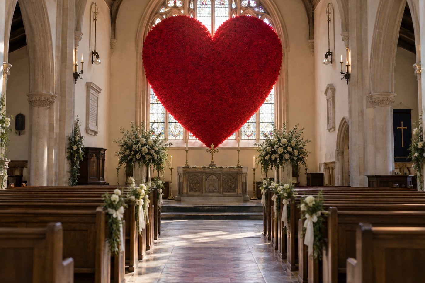 Source-grounded editorial illustration of a giant red heart covering a London church window