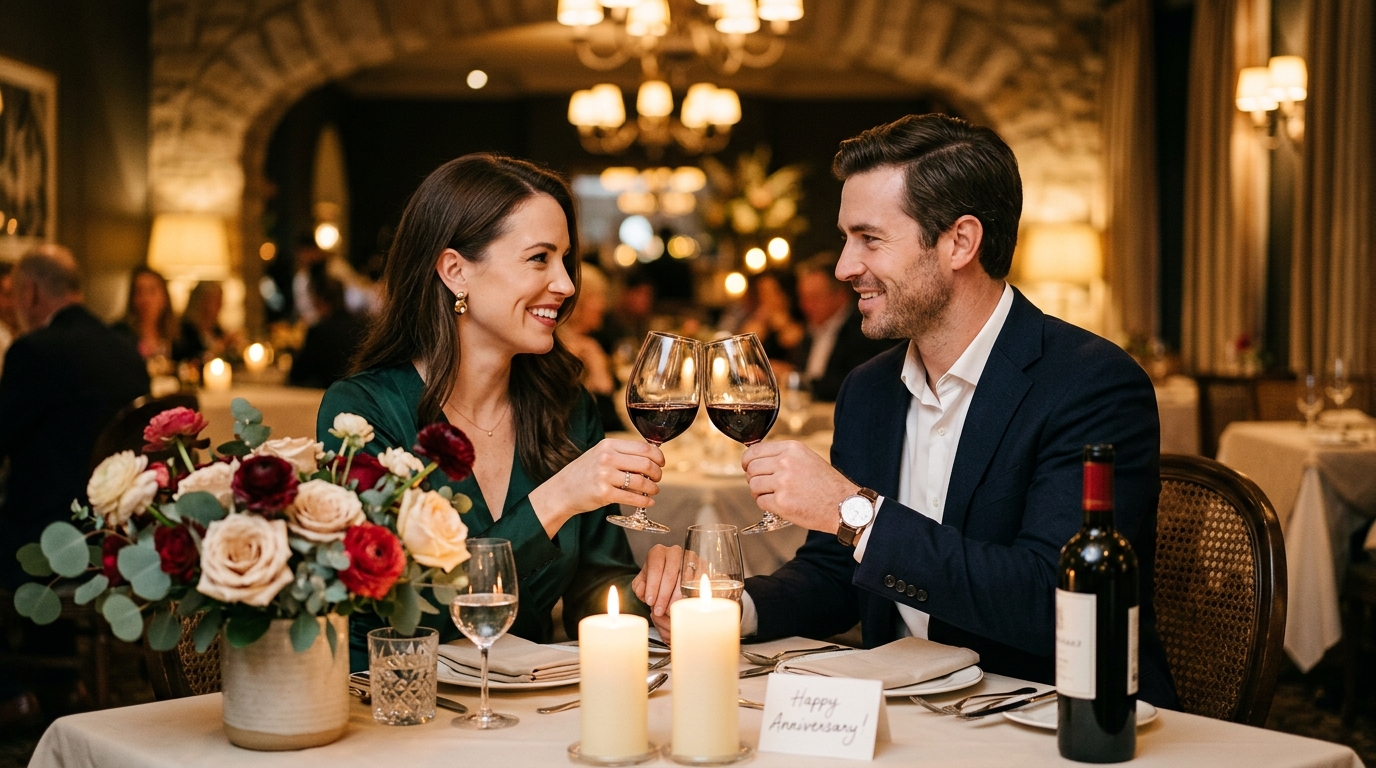 Couple at a romantic anniversary dinner, candles and flowers, dressed up, toasting with wine