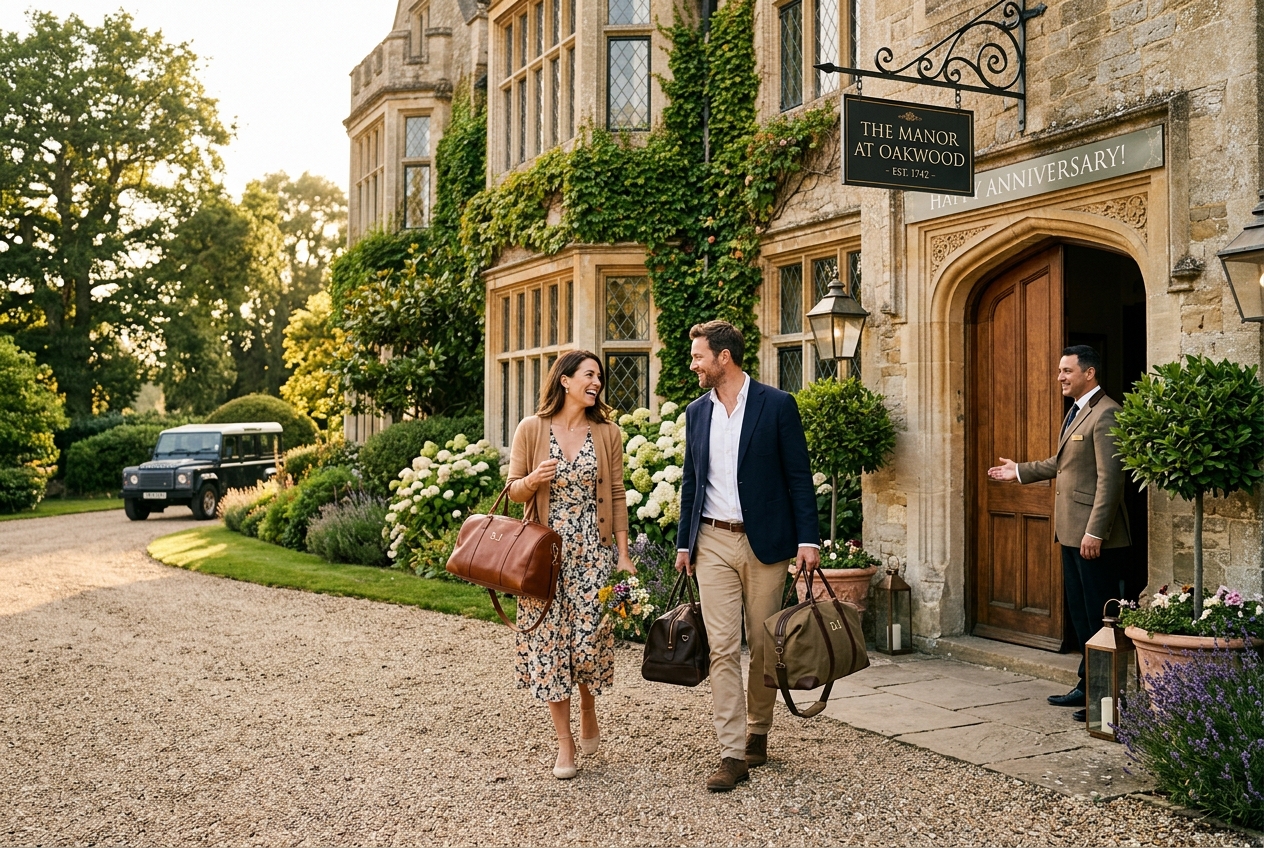Couple arriving at a luxury countryside hotel for anniversary weekend, historic building, afternoon light