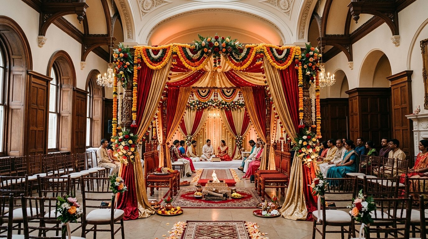 Ornate mandap ceremony setup with four pillars, red and gold draping, fresh marigold garlands, and fire pit in centre