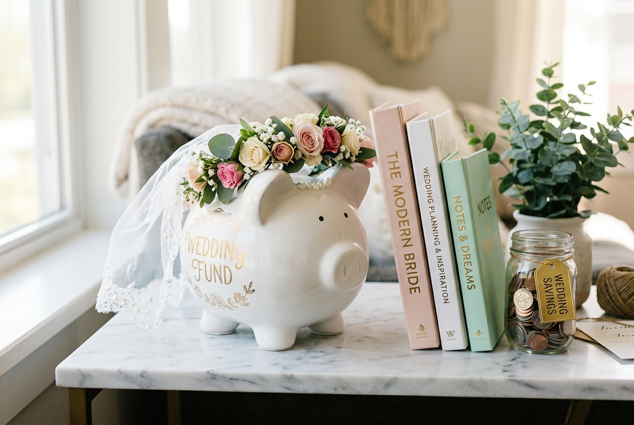 Decorative piggy bank wearing a veil and flower crown, wedding planning books and coins jar beside it