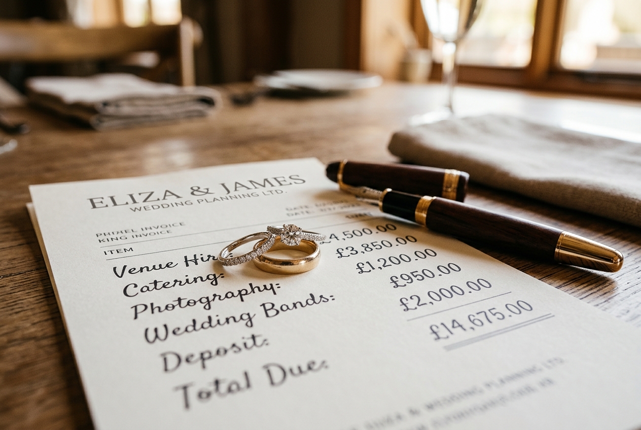 Wedding rings resting on a receipt with pound signs, concept of wedding costs, warm light