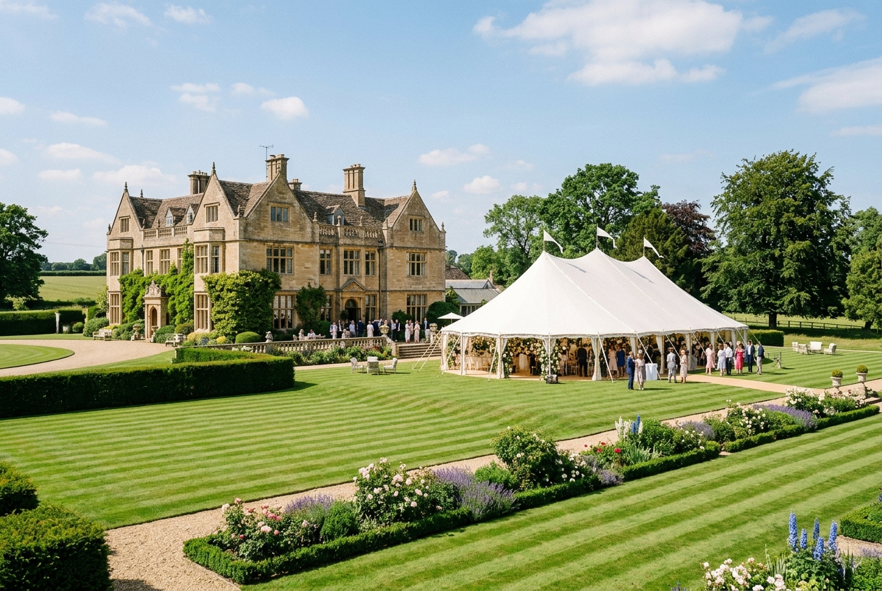 Beautiful English country house wedding venue with manicured lawns and marquee, bright summer day