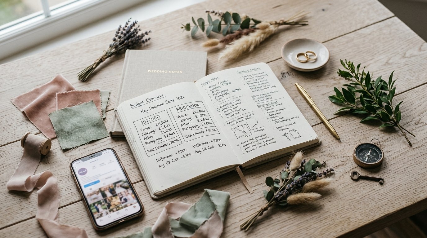 UK Wedding Cost 2026: Hitched vs Bridebook Compared — The two headline numbers, side by side, editorial photography for Weddings Hub