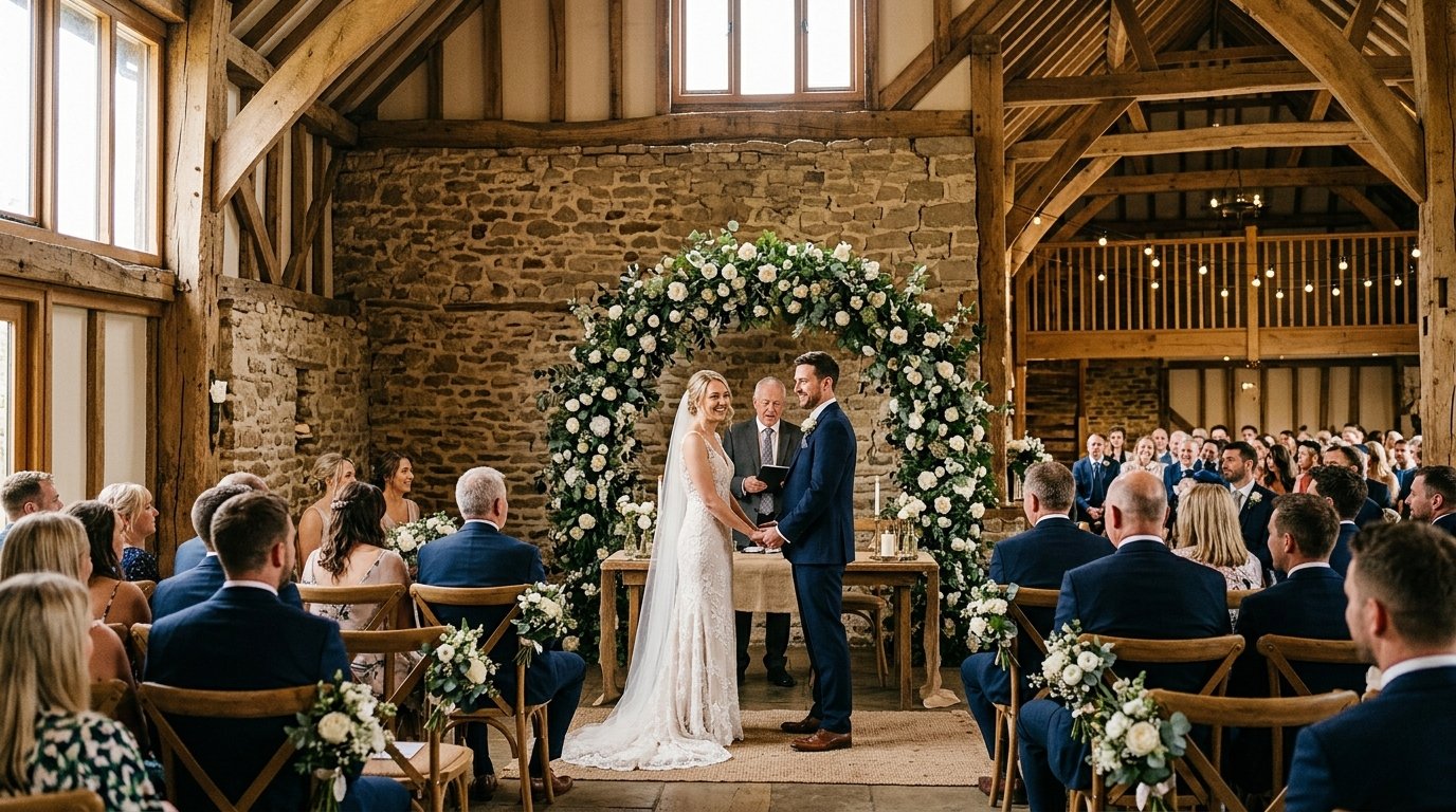 Wedding ceremony inside a converted barn with exposed beams, couple at the altar under a floral arch
