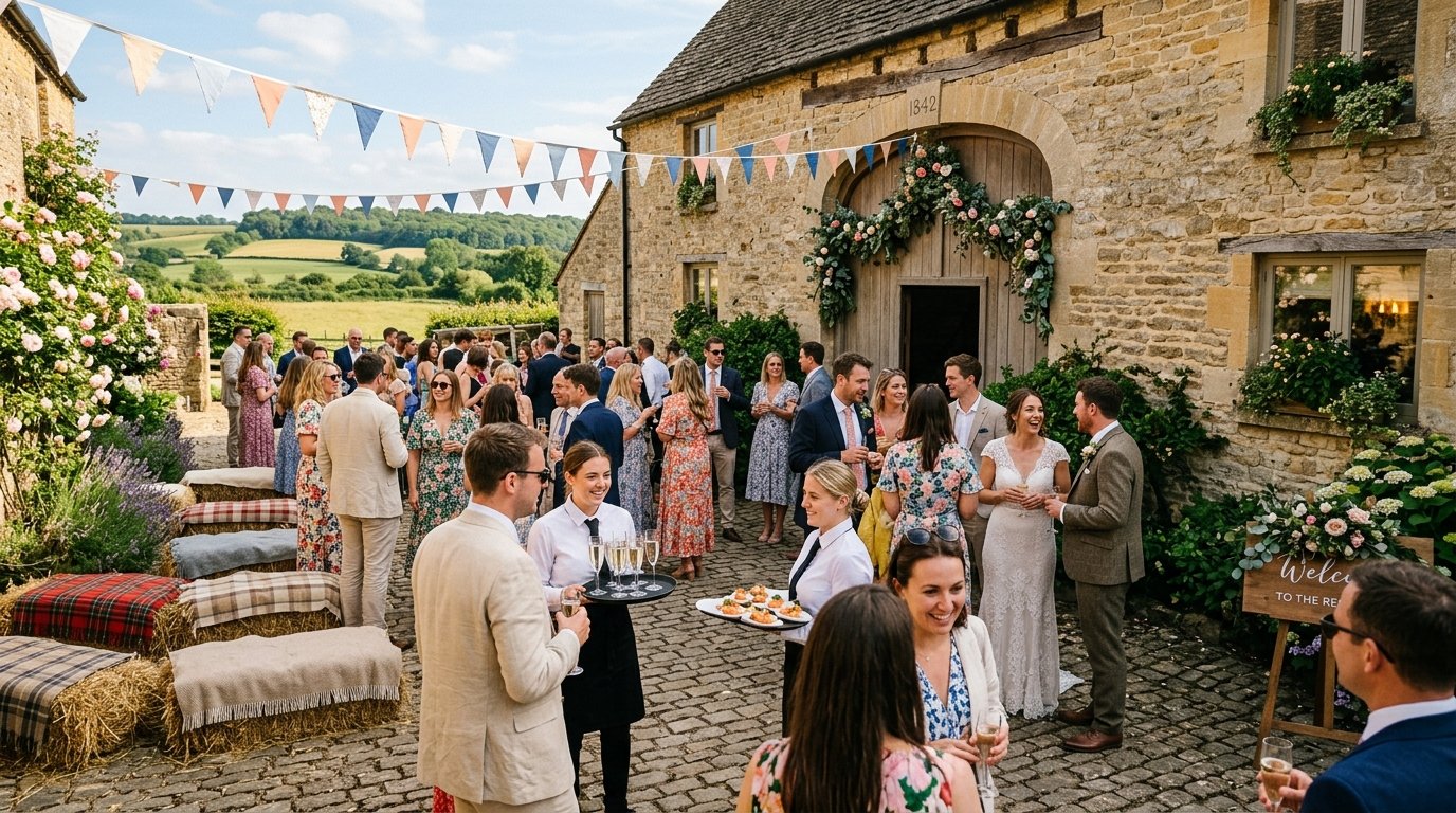 Barn wedding courtyard drinks reception with bunting, prosecco, and guests mingling in summer sunshine