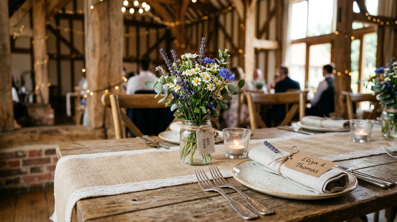 Rustic wedding table setting in a barn with wildflower jars, hessian runner, and vintage cutlery