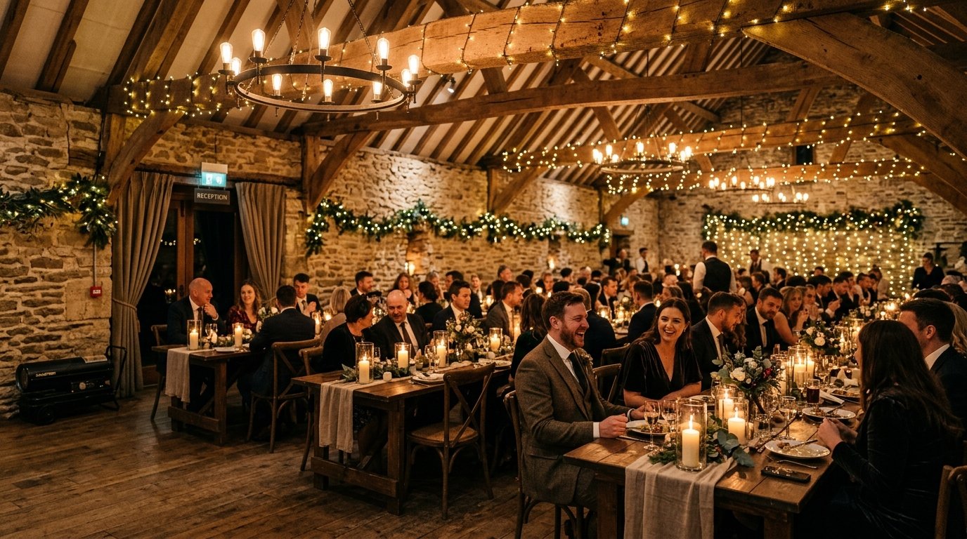 Winter barn wedding reception with candles in hurricane lanterns, fairy lights on beams, warm atmospheric lighting