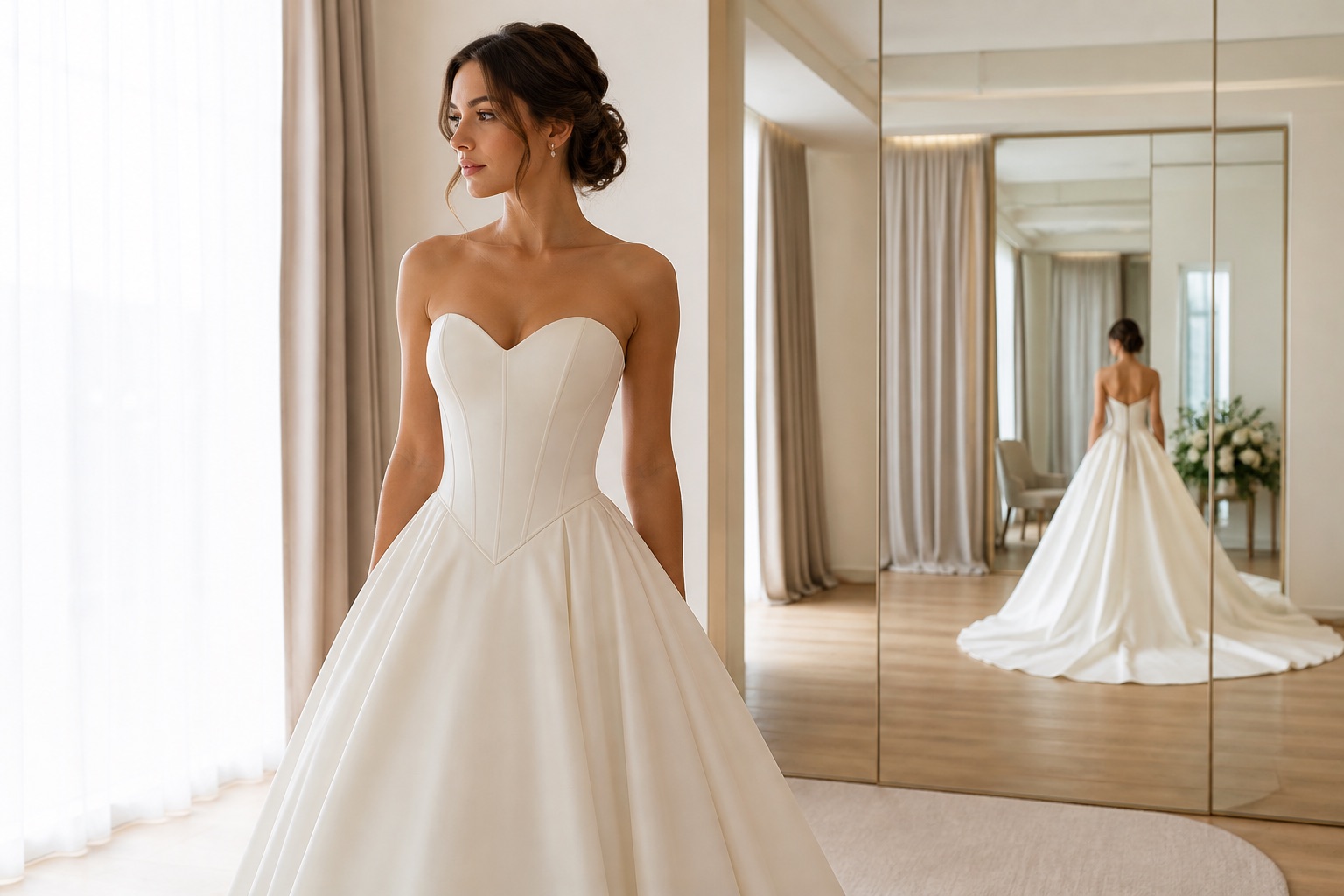 Fictional bride wearing an ivory basque-waist ballgown in a bridal atelier
