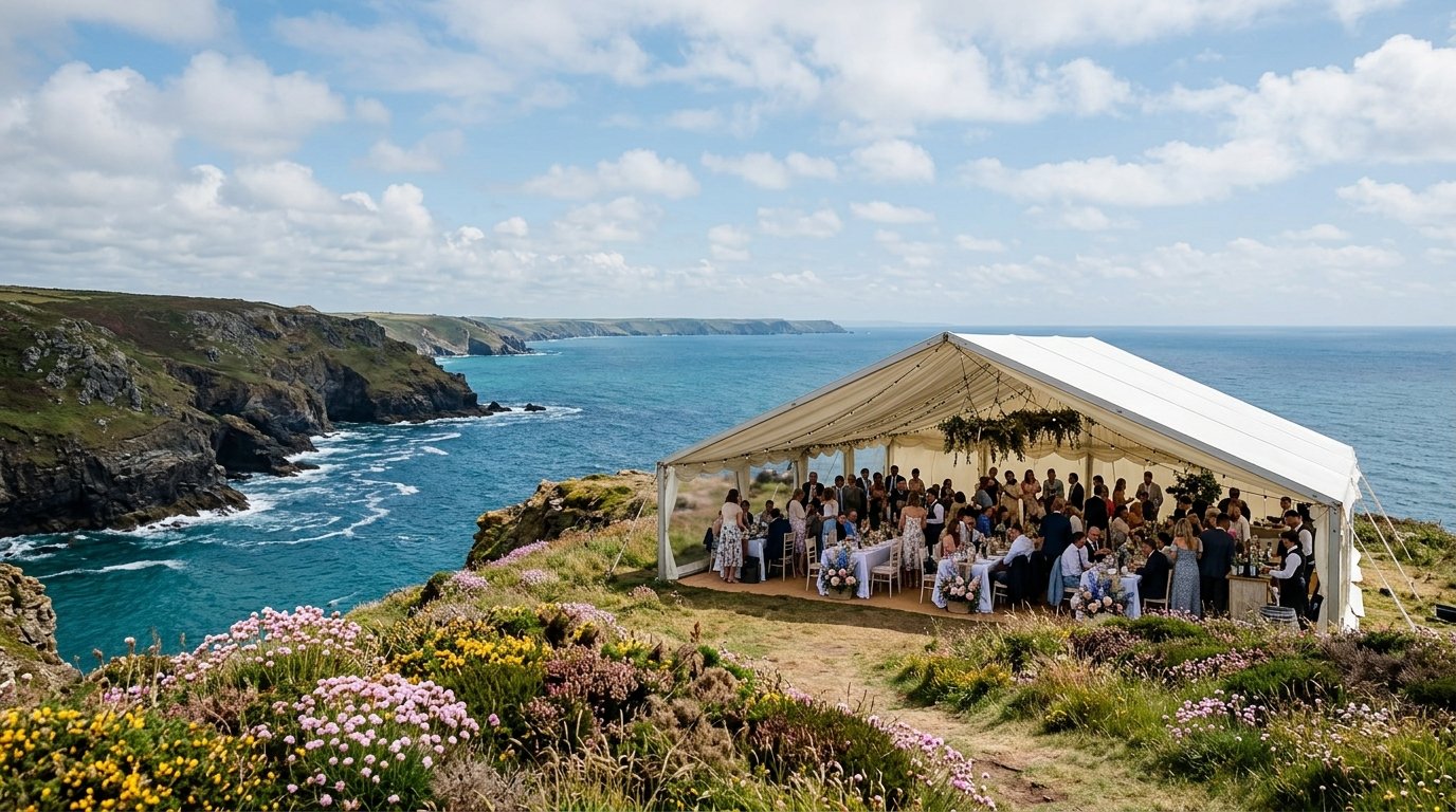 Clifftop wedding marquee overlooking the Atlantic coastline in Cornwall, blue sky with scattered clouds, wild flowers on the cliff edge