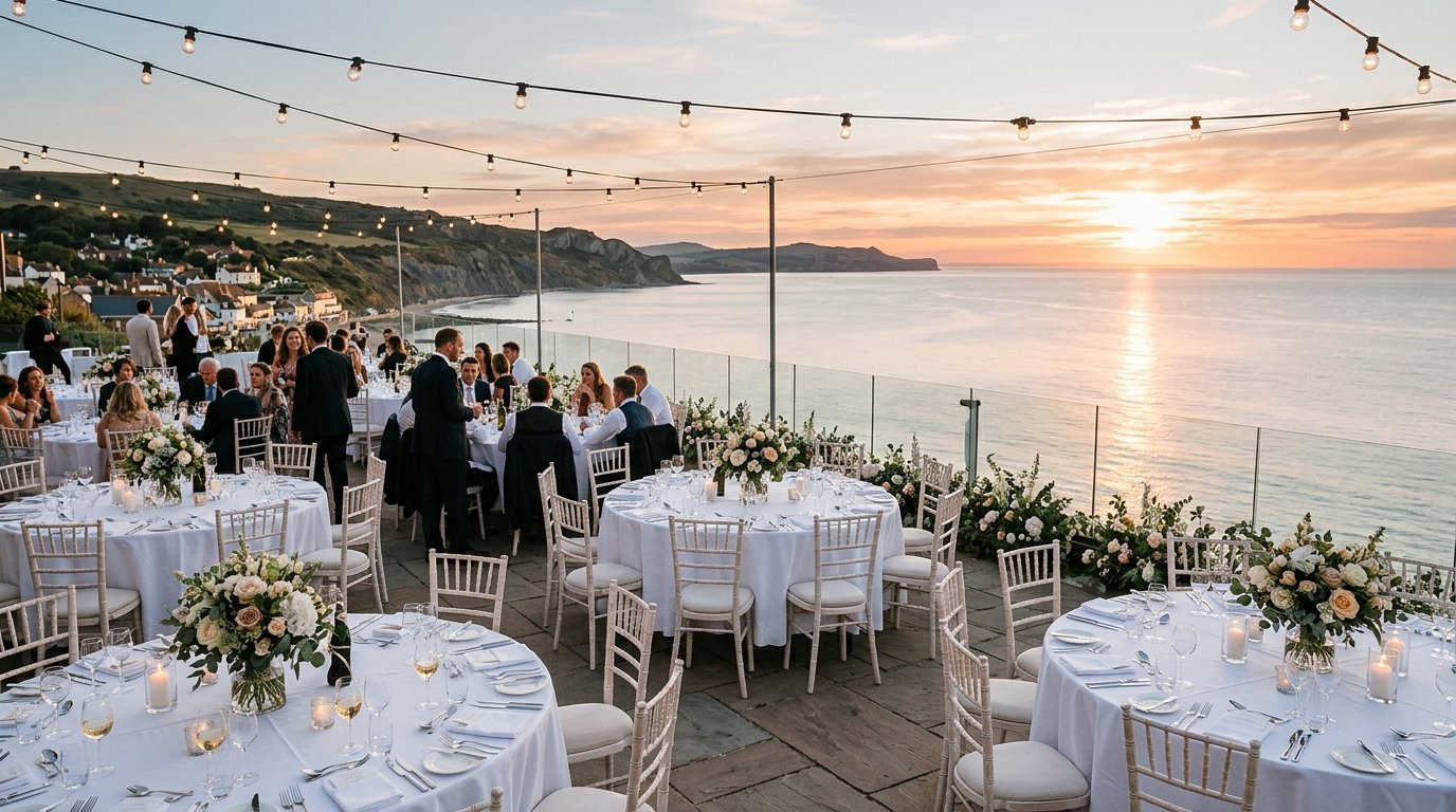Coastal hotel wedding terrace overlooking the sea, elegantly set tables with white linens, sunset sky, string lights overhead
