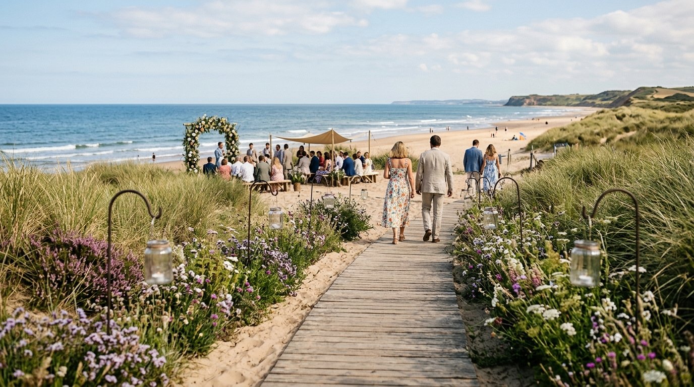 Sandy pathway lined with lanterns and wild flowers leading to a beach wedding ceremony, ocean visible at the end, summer afternoon