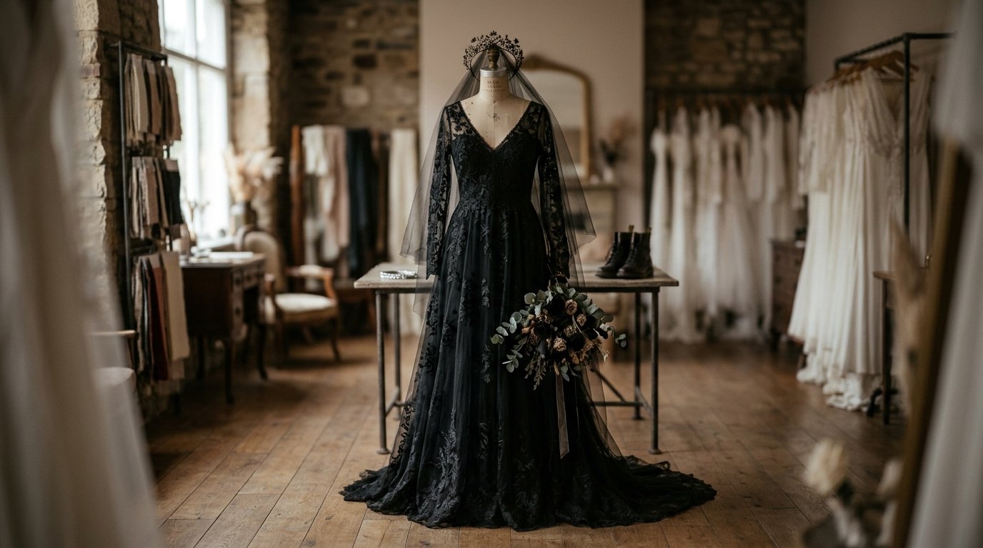 Black Wedding Dresses: The Gothic Bridal Trend — How to style a black wedding dress, editorial photography for Weddings Hub