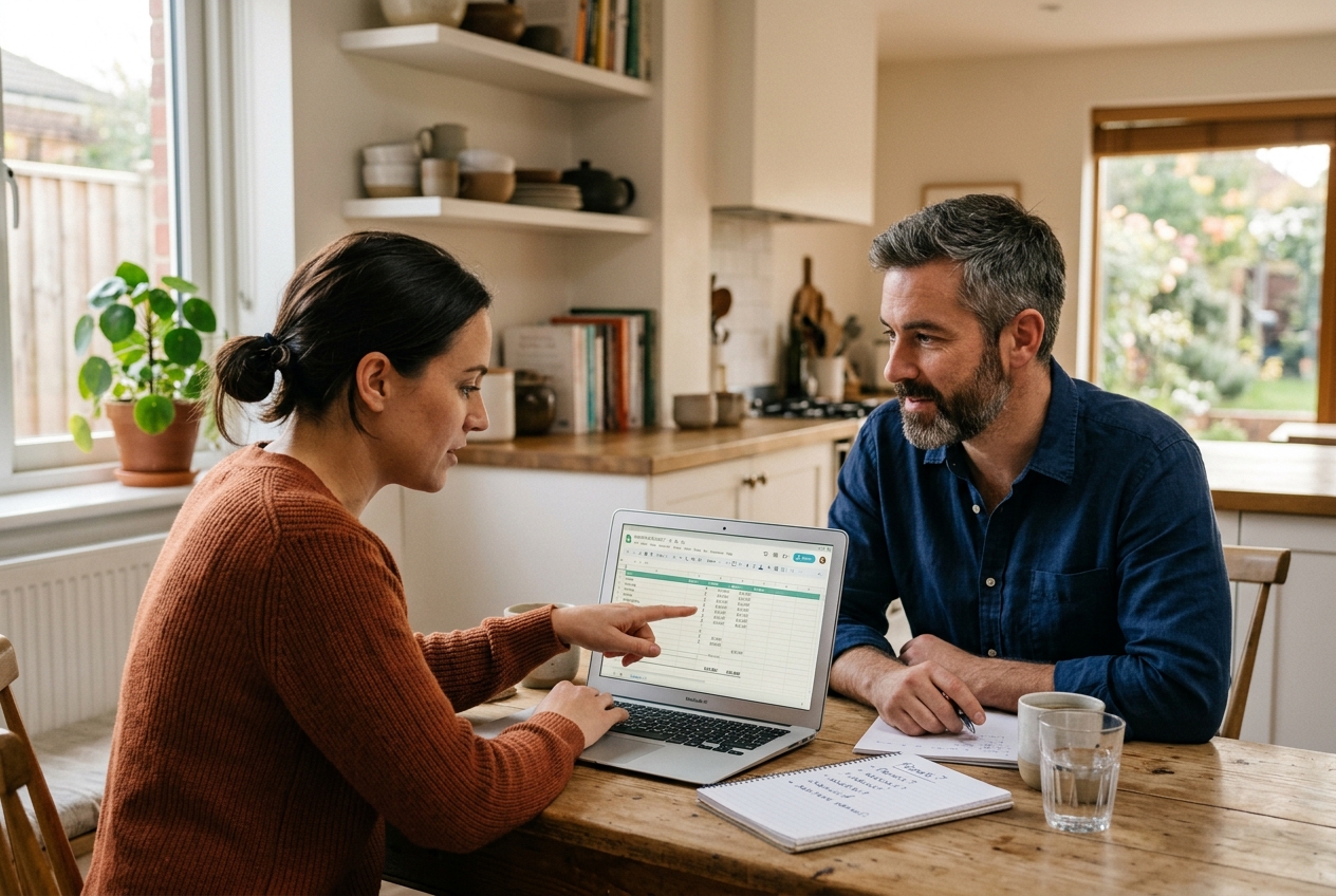 Couple having a constructive discussion about budget, laptop with spreadsheet, kitchen table