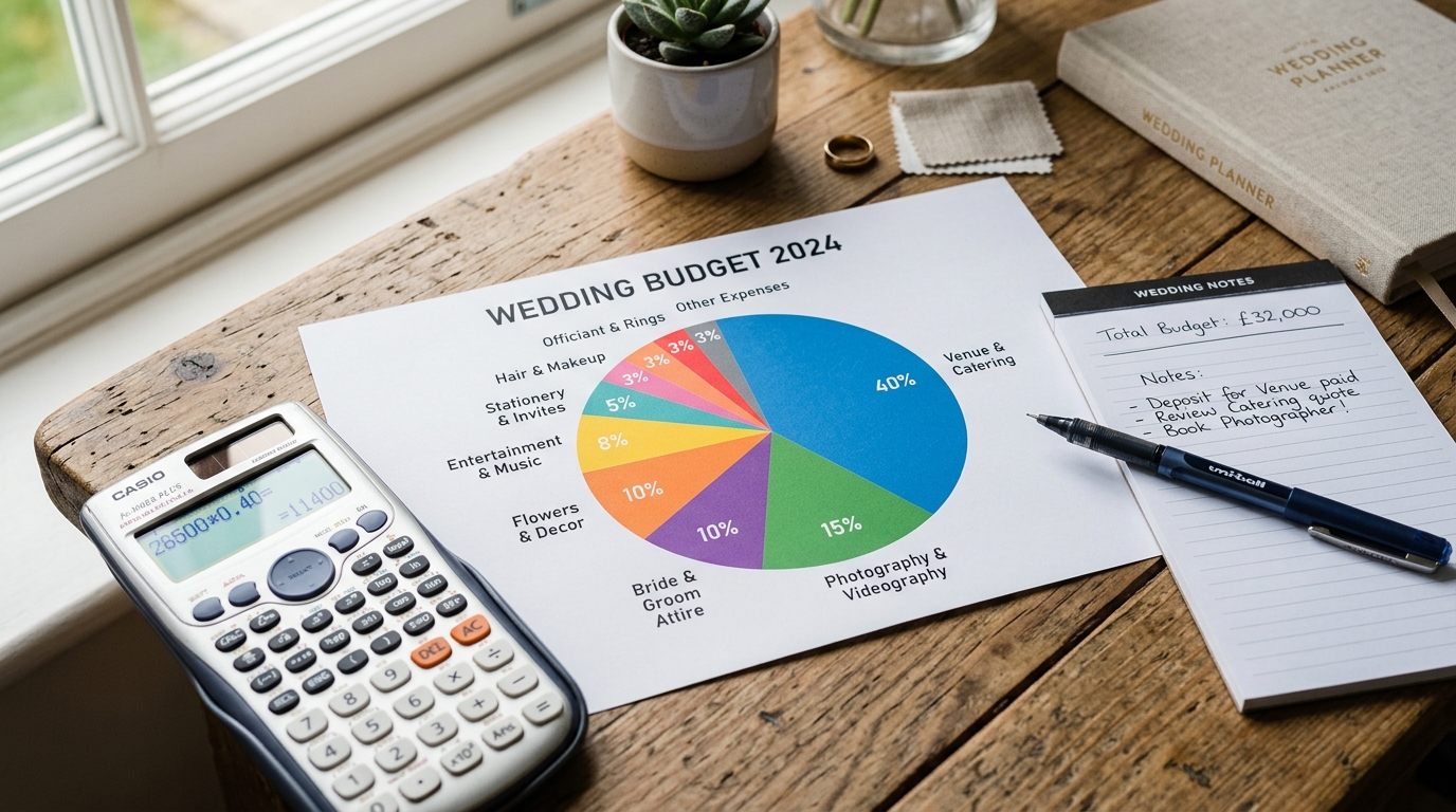 Printed wedding budget pie chart showing percentage allocations, calculator and pen, natural light