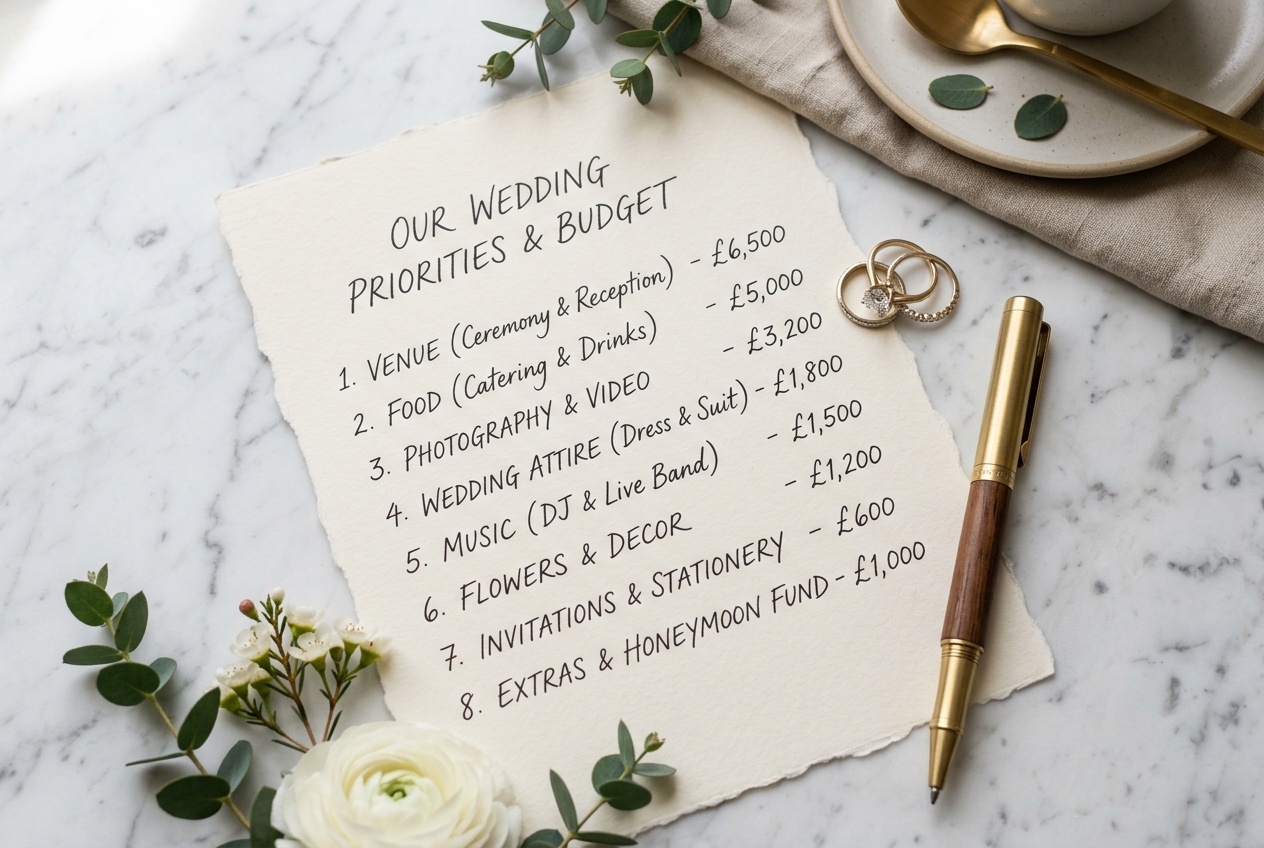 Wedding priority list on nice paper, ranked items with allocated amounts, pen and engagement ring