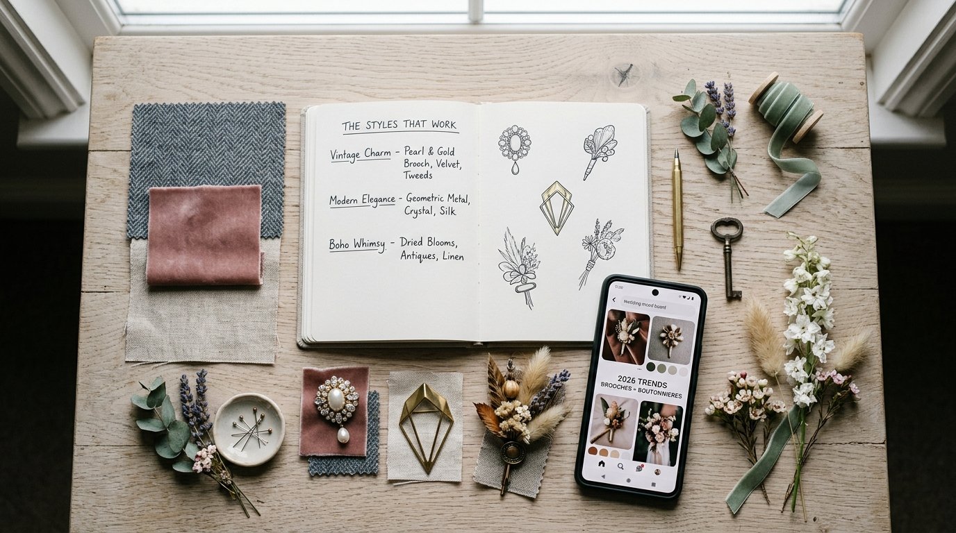 Brooches Replacing Boutonnieres: 2026 Style Guide — The styles that work, editorial photography for Weddings Hub