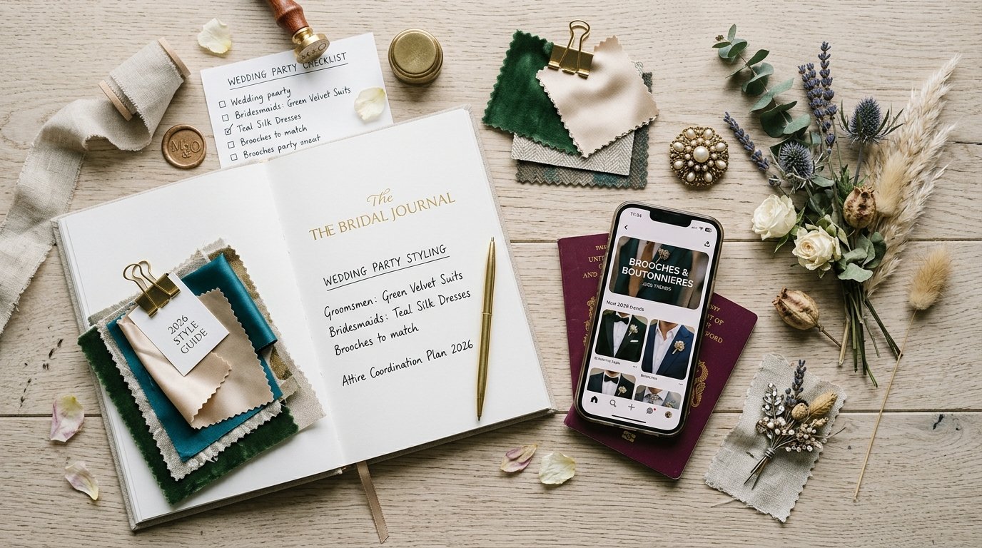Brooches Replacing Boutonnieres: 2026 Style Guide — Coordinating the wedding party, editorial photography for Weddings Hub