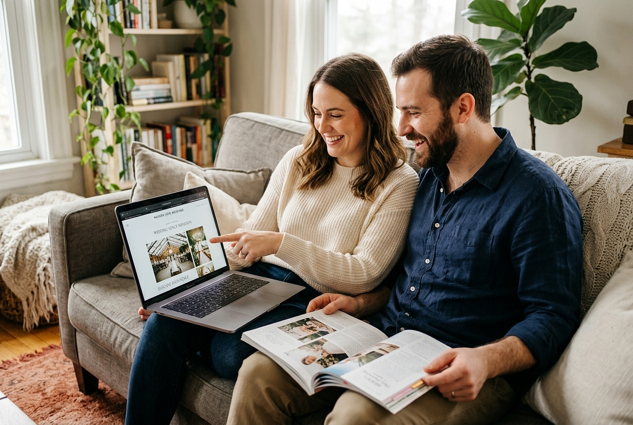 Engaged couple on a sofa with laptop and wedding magazine, discussing options, natural light