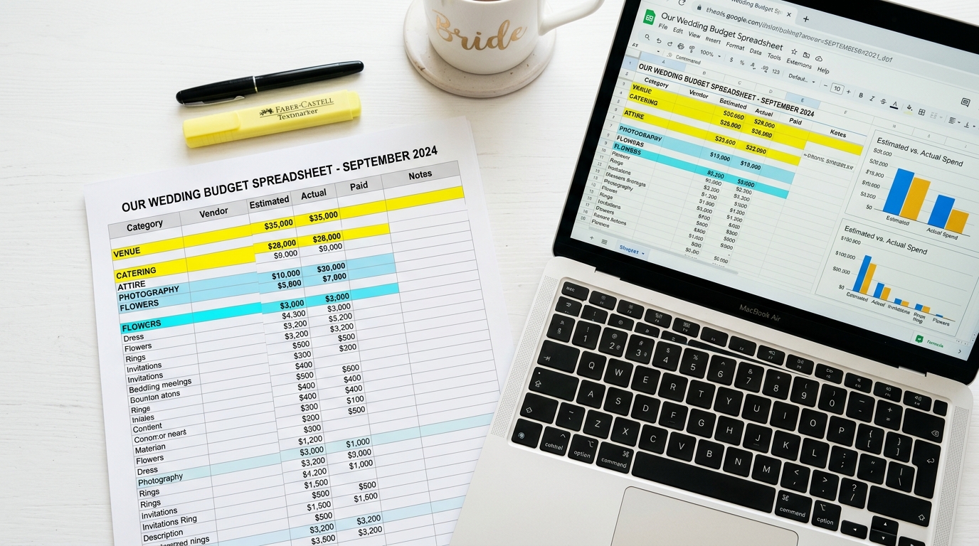 Wedding budget spreadsheet printed on paper, laptop showing the same spreadsheet, pen and highlighter on desk