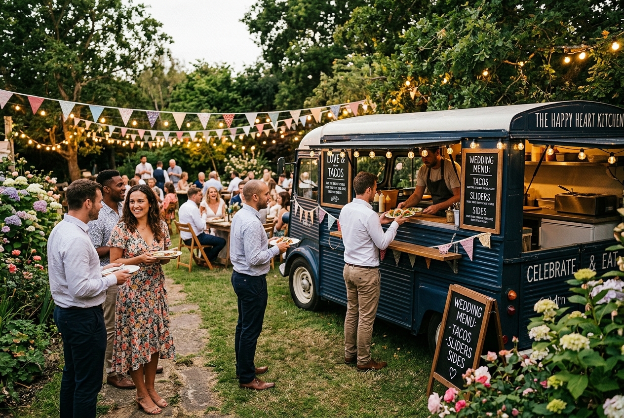 Food truck serving at a small budget wedding in a garden, guests queuing, bunting and fairy lights