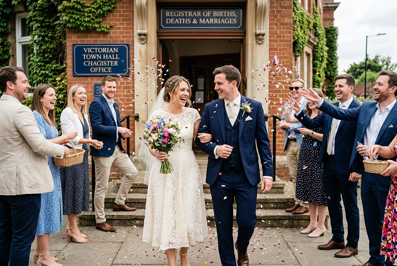 Bride and groom outside a UK register office, small group throwing confetti, bright daylight