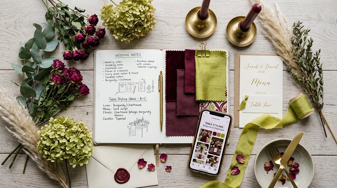 Burgundy + Chartreuse: The Boldest 2026 Wedding Palette — Table styling, editorial photography for Weddings Hub