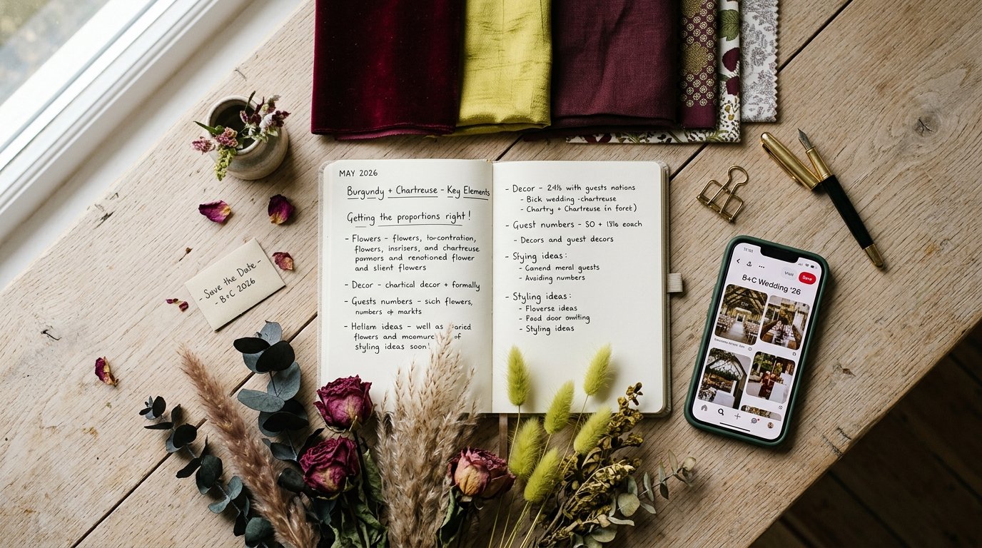Burgundy + Chartreuse: The Boldest 2026 Wedding Palette — Getting the proportion right, editorial photography for Weddings Hub