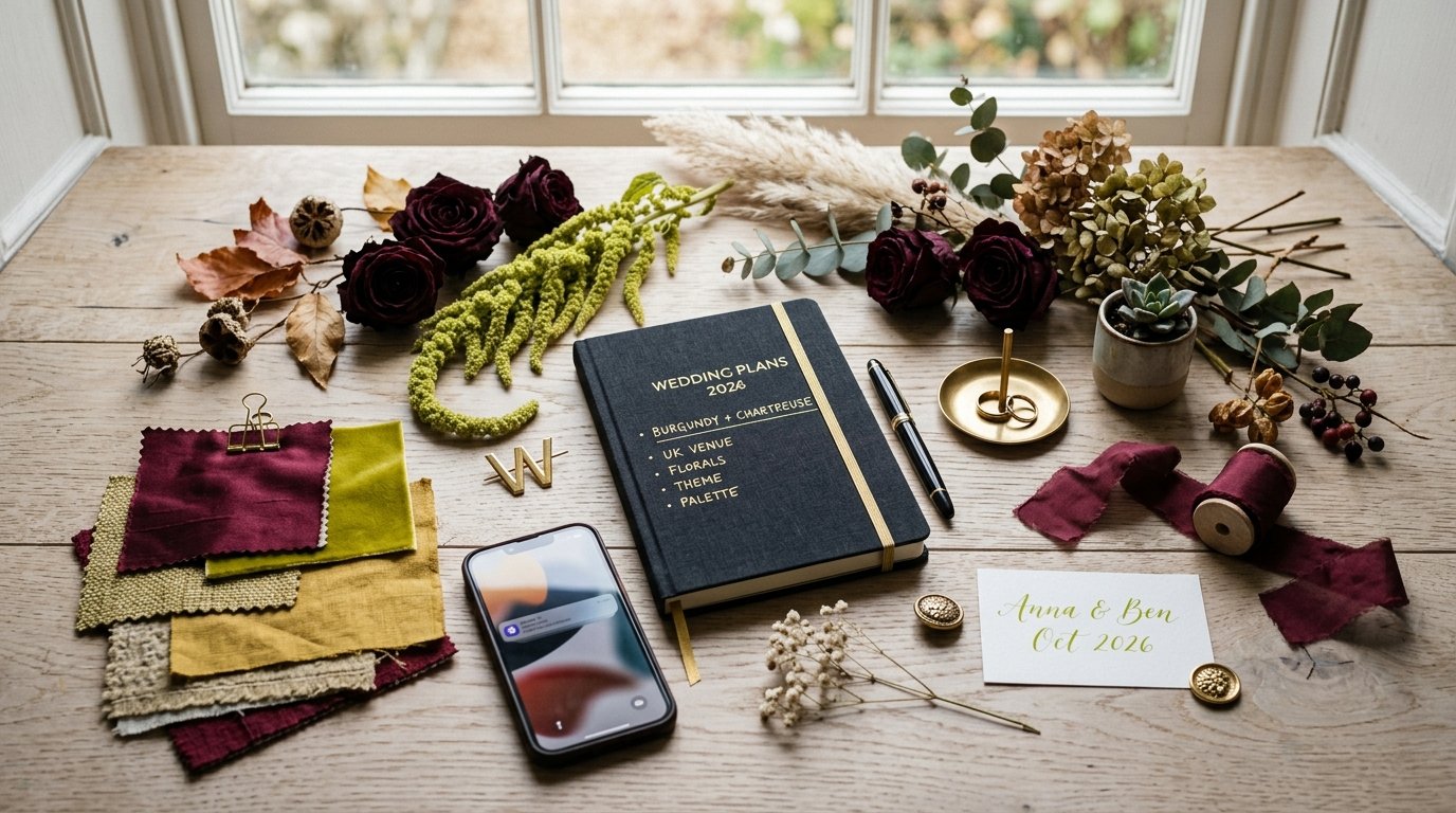 Burgundy + Chartreuse: The Boldest 2026 Wedding Palette — editorial photography for Weddings Hub