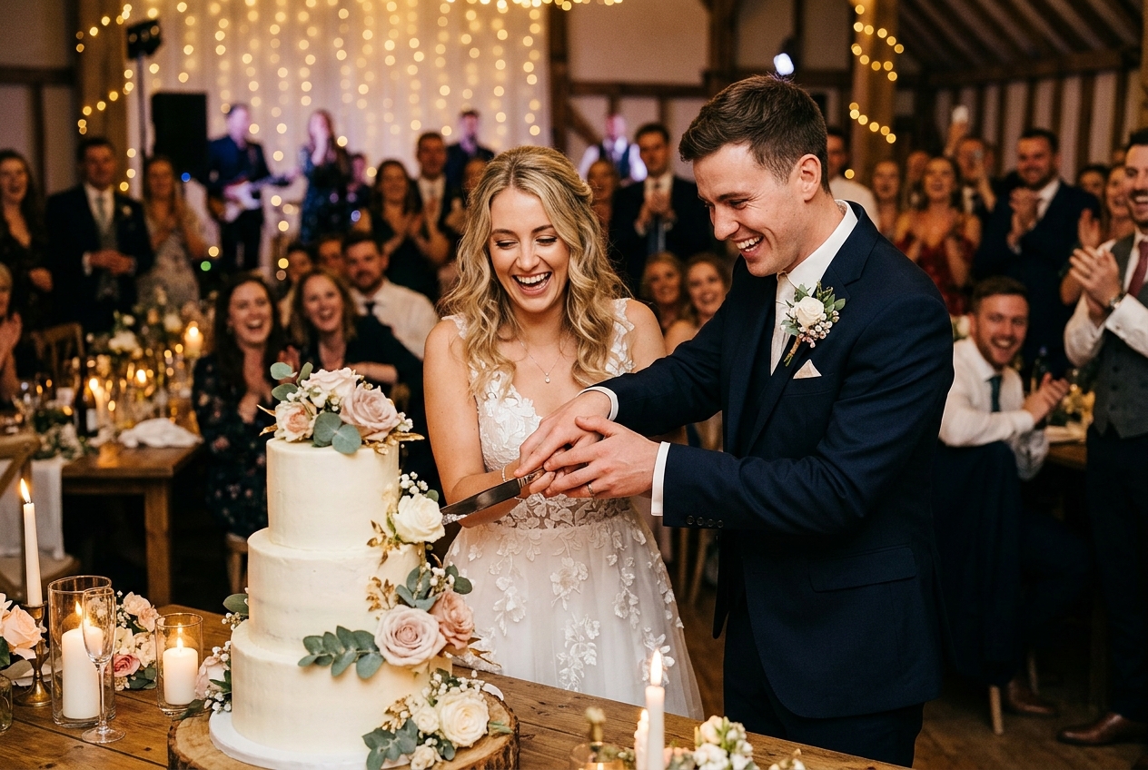 Bride and groom cutting their wedding cake, guests watching, fairy lights, joyful moment