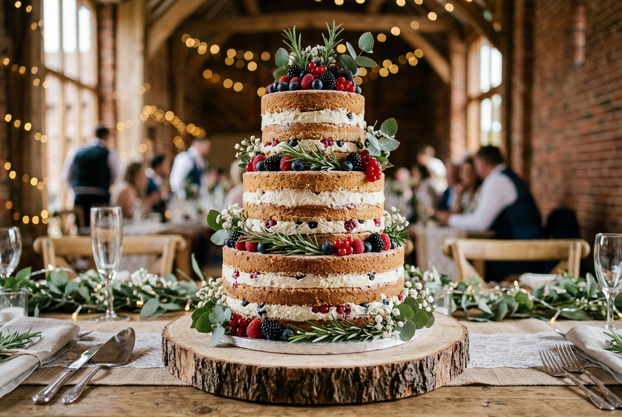 Rustic naked wedding cake with cream, fresh berries, rosemary and eucalyptus, on a wooden slice