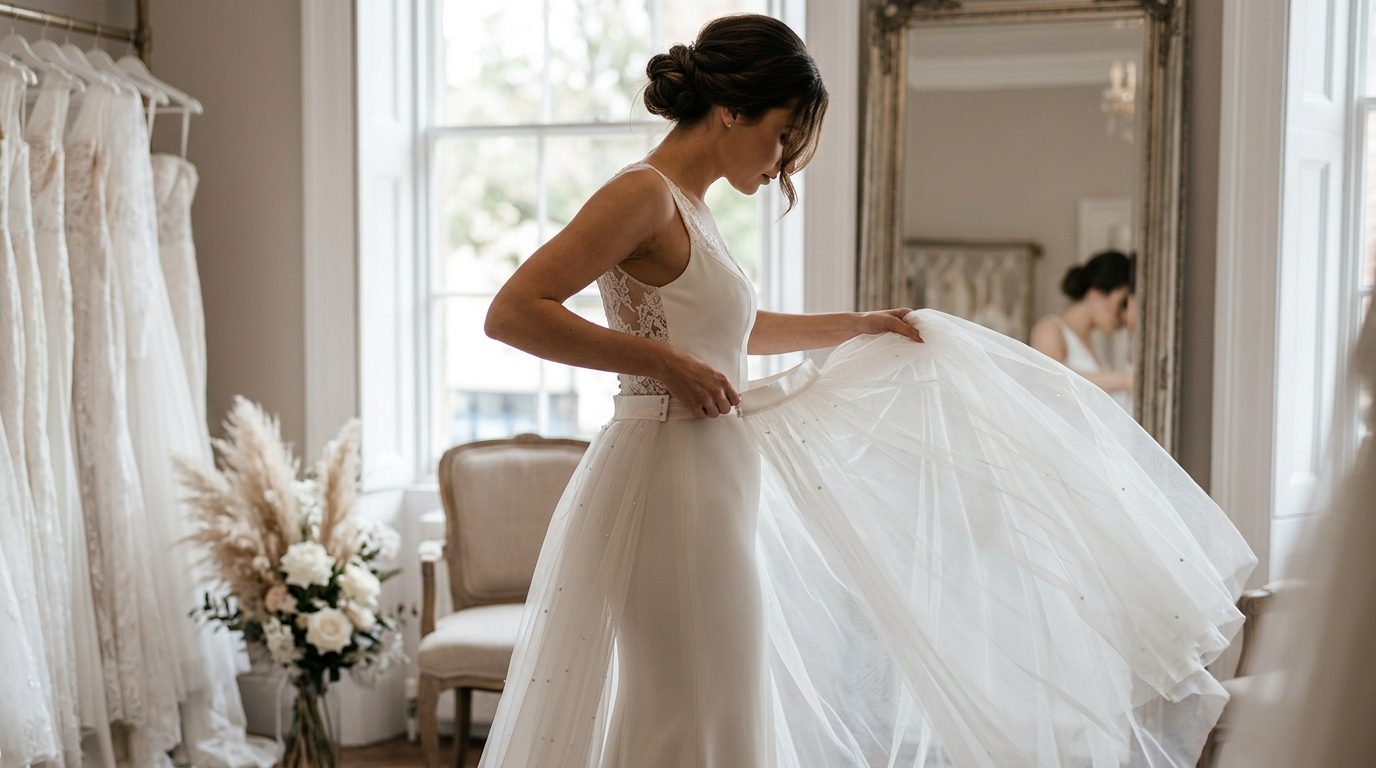 Detachable overskirts: the other half of the trend for Caped Veils & Detachable Overskirts: UK Bridal Guide
