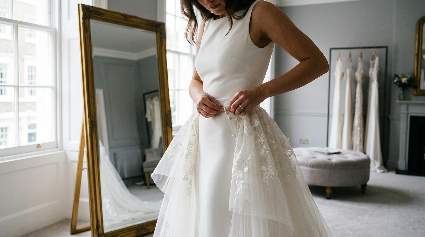 Detachable overskirts: the other half of the trend for Caped Veils & Detachable Overskirts: UK Bridal Guide
