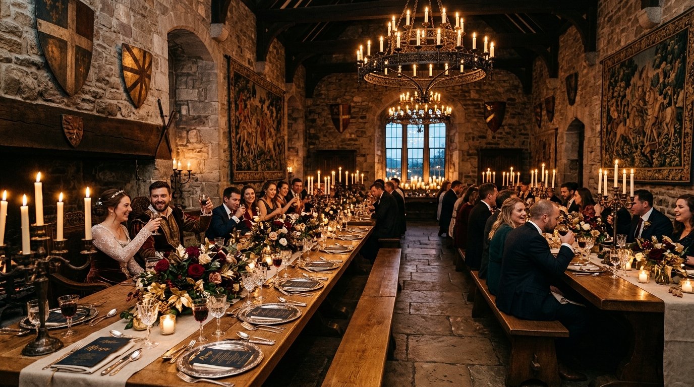 Medieval banquet hall reception with iron candelabras, oak table, and stone walls with tapestries