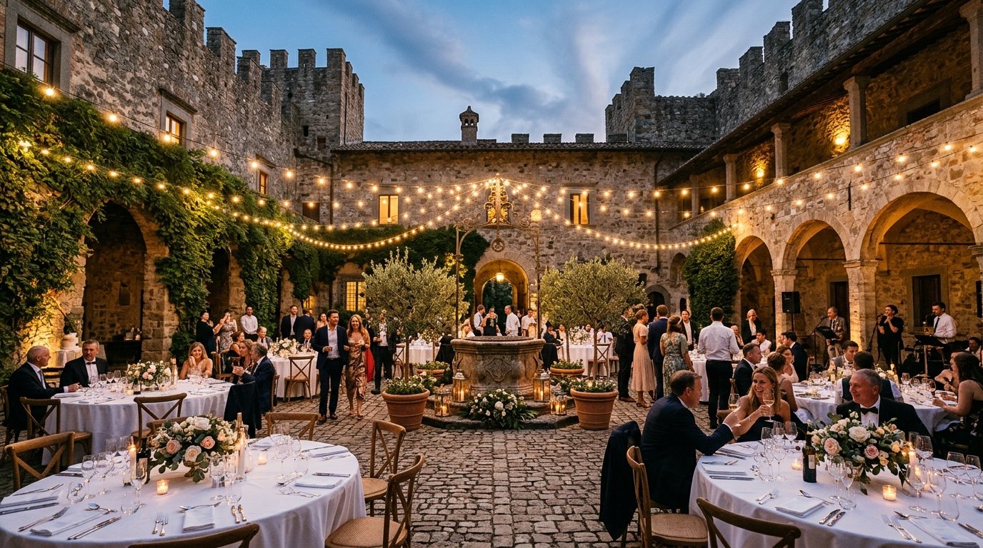 Castle courtyard reception at dusk with festoon lights, round tables, and stone archways