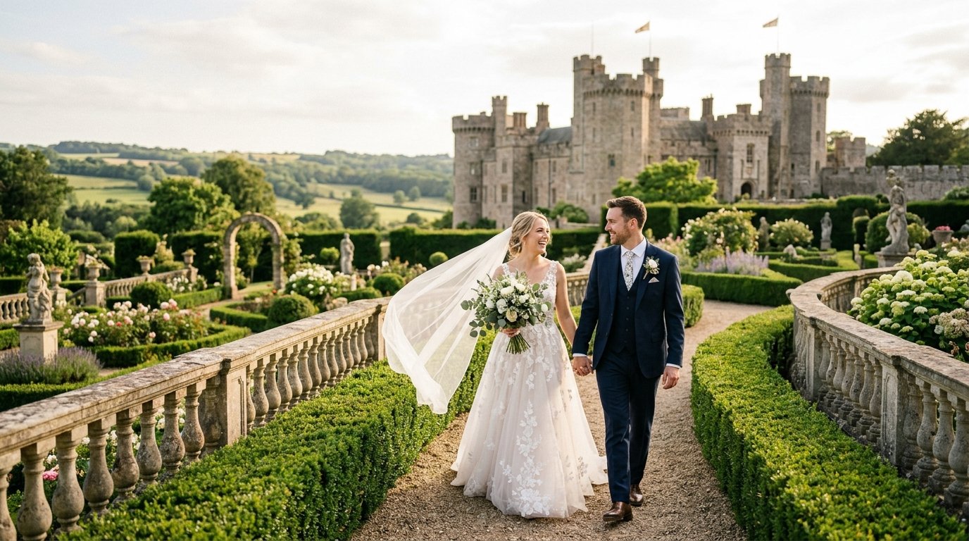 Couple portrait in castle grounds with turrets in background and manicured gardens