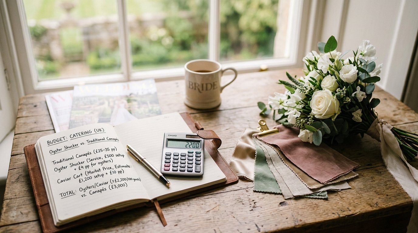 Caviar Carts & Oyster Shuckers: The UK Wedding Trend — What this costs compared with traditional canapés, editorial photography for Weddings Hub