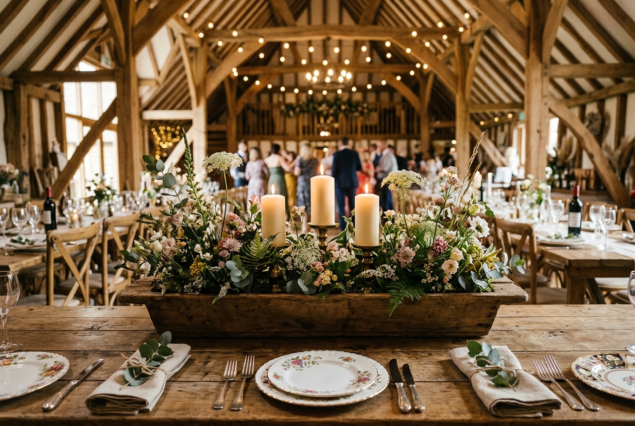 Low rustic wedding centrepiece on a farmhouse table — wooden trough with wildflowers, greenery, and pillar candles