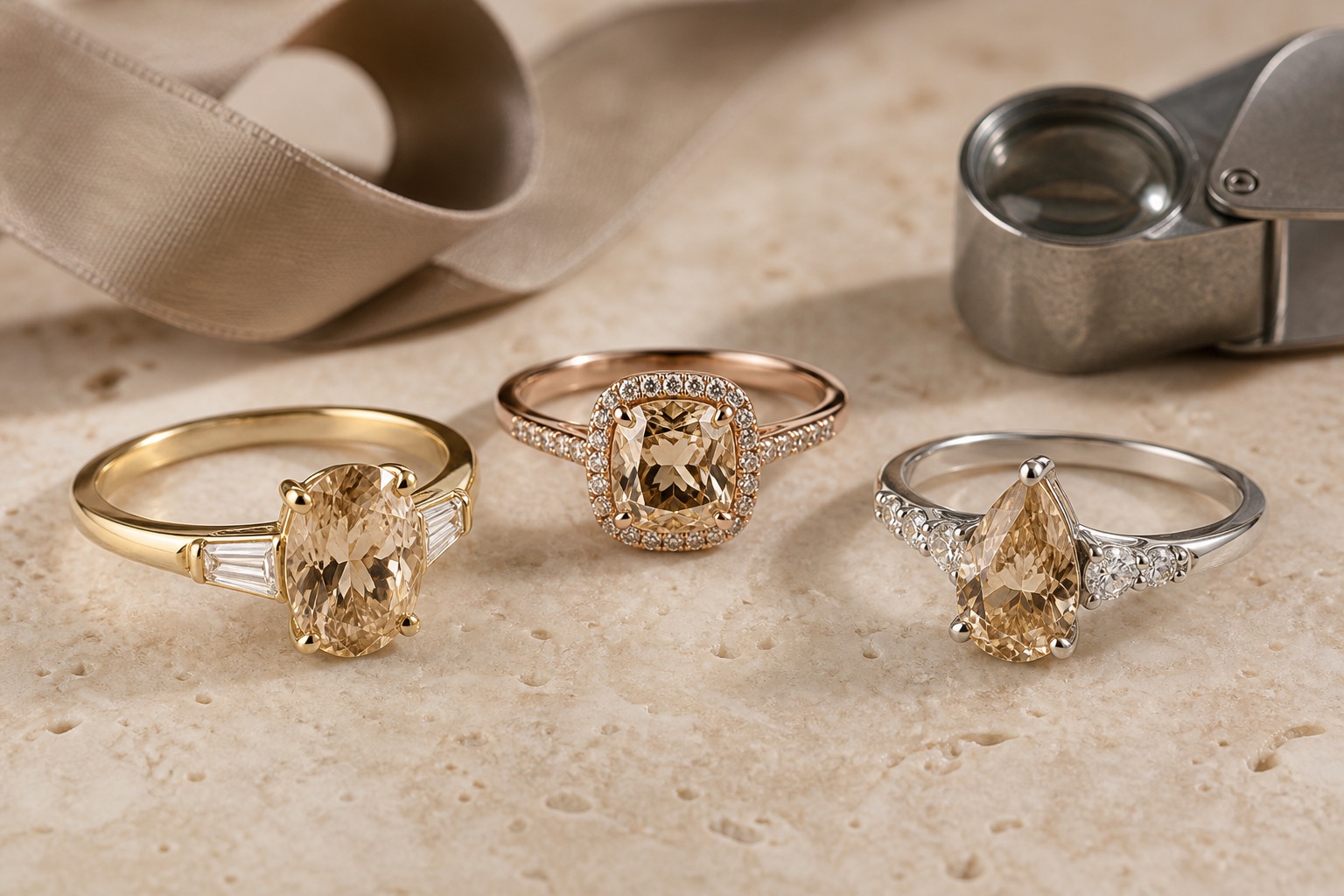 Three original champagne-coloured diamond engagement rings beside a jeweller's loupe