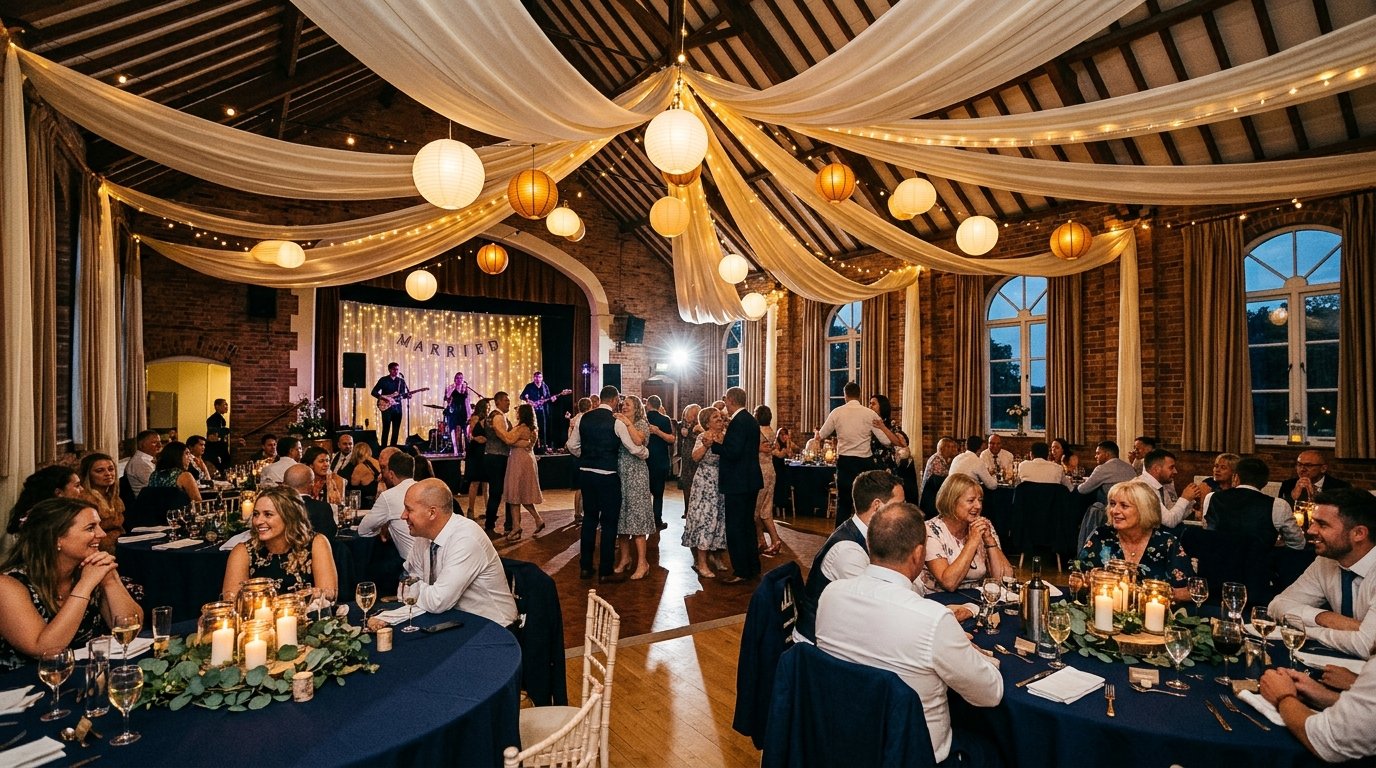 Community hall transformed with fabric draping, fairy lights, and round tables for a wedding