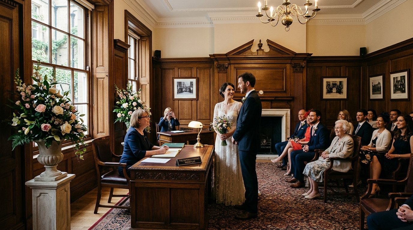 Simple register office ceremony room with flowers and a small group of guests