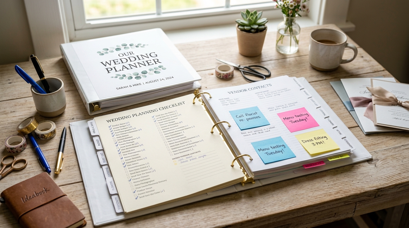 Organised wedding planning binder open on a desk, tabbed sections, printed checklist with ticked items