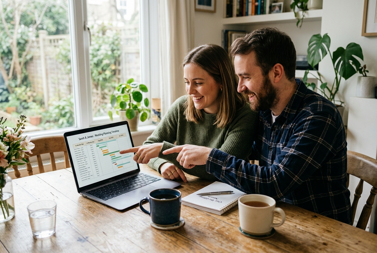Couple sitting at dining table with laptop showing a planning timeline, mugs of tea, natural light