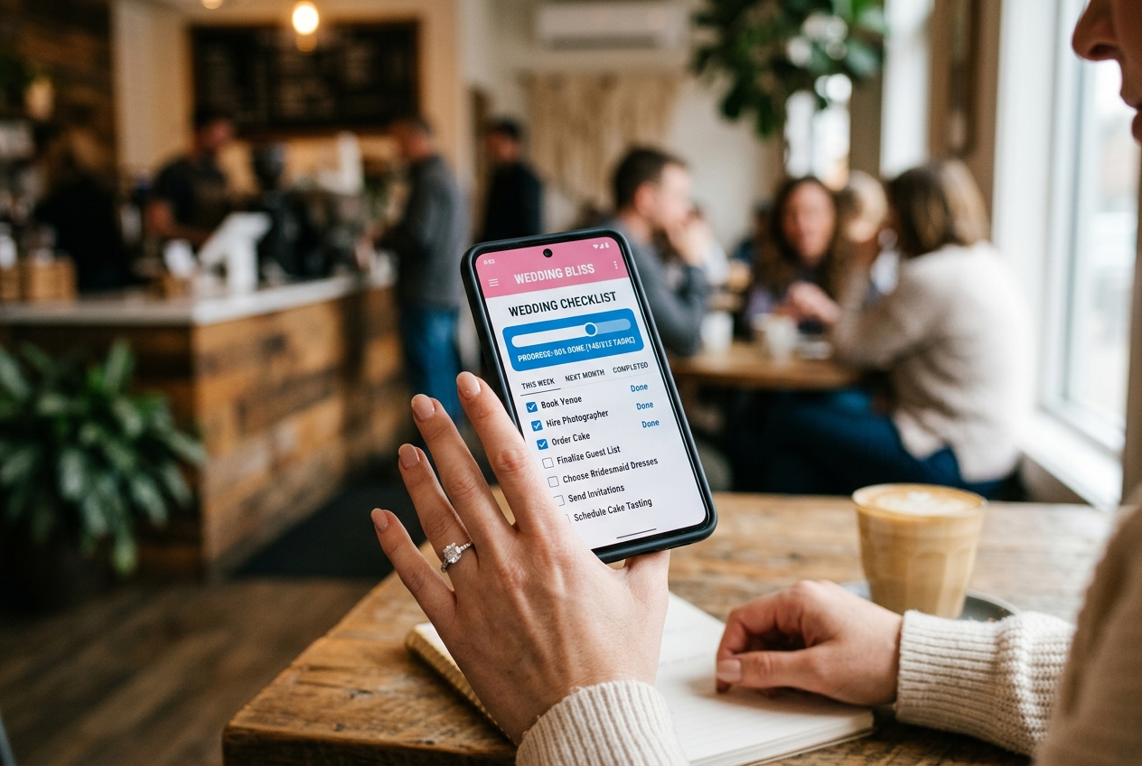 Hand holding smartphone showing a wedding planning app with checklist and progress bar