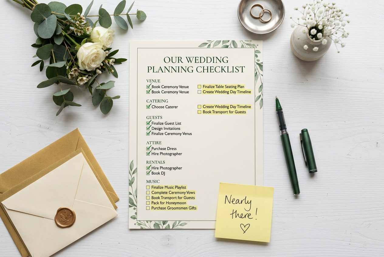 Printed planning checklist with green ticks, remaining items highlighted, 'Nearly there!' sticky note
