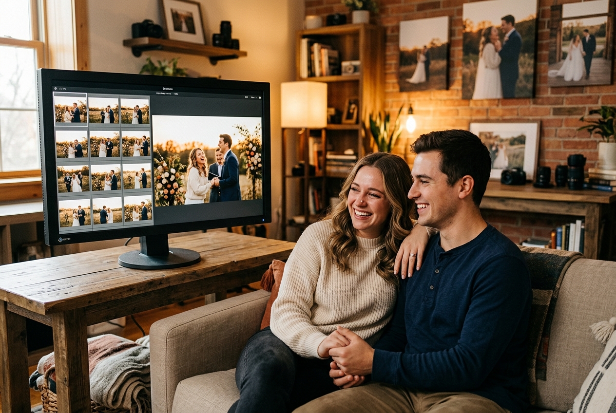 Couple viewing wedding photos on a large screen, emotional reactions, edited images visible, warm studio