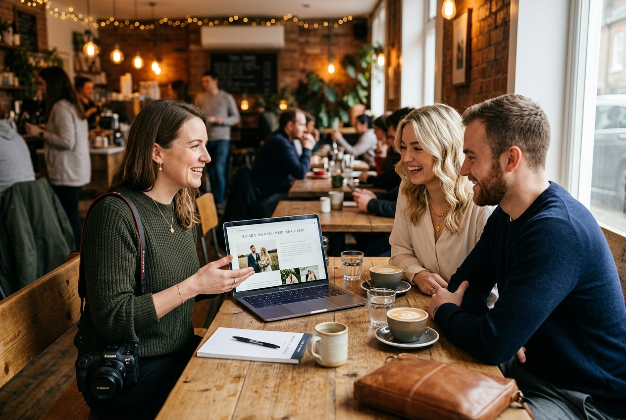 Photographer meeting with a couple at a cafe, laptop showing gallery, engaged conversation