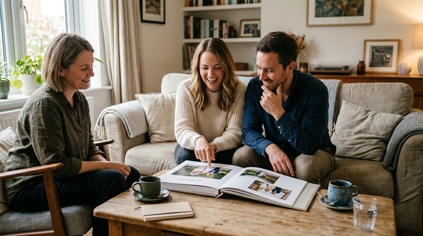 Couple looking through a photographer's printed portfolio album, pointing at images, relaxed meeting